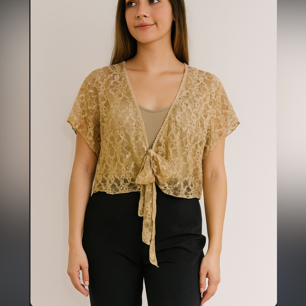 Venezia Y2K Gold Floral Lace Tie-Front Top Cropped Balletcore Vintage Size 18/20